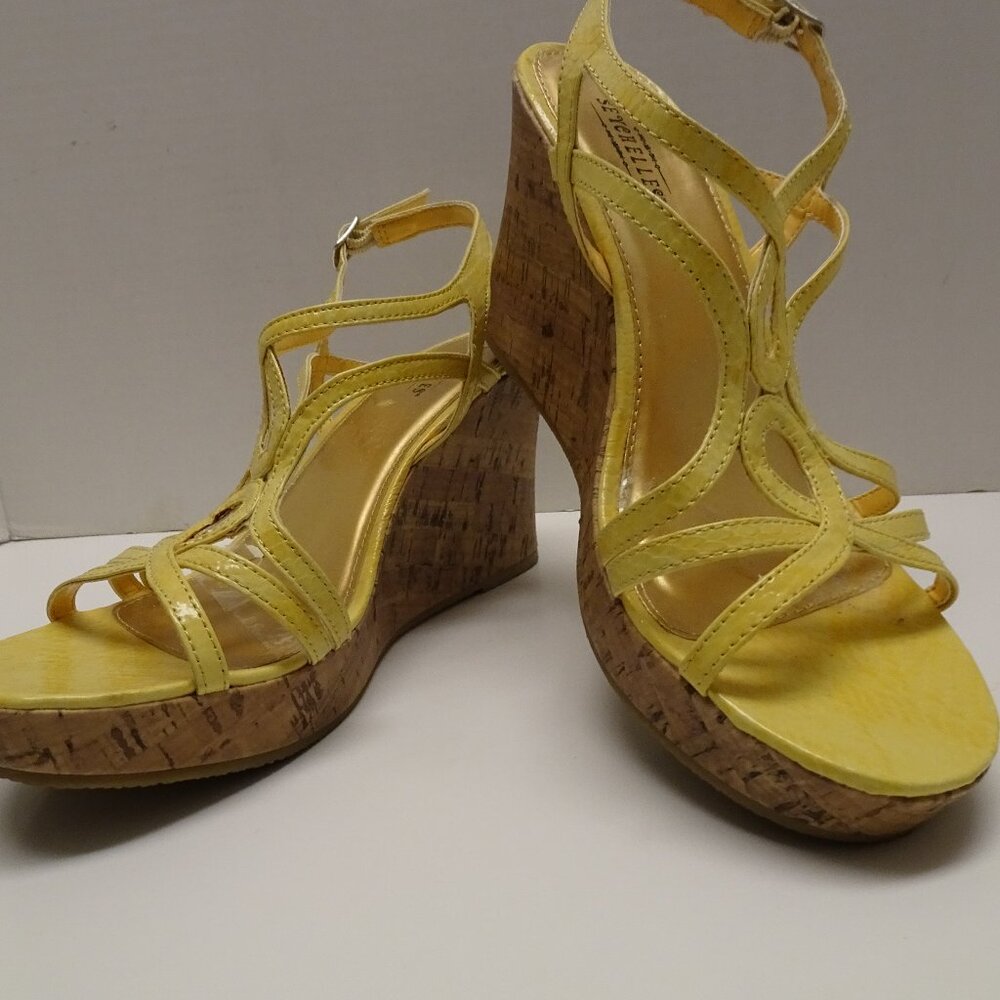 Seychelles Yellow Stripe cork Stacked Heel wedges 8